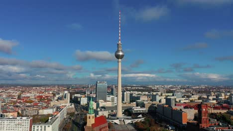 Flying-toward-Berliner-Fernsehturm-and-looking-down-to-St