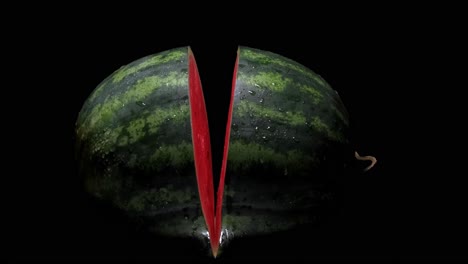 Watermelon-cut-almost-in-half-on-a-black-background