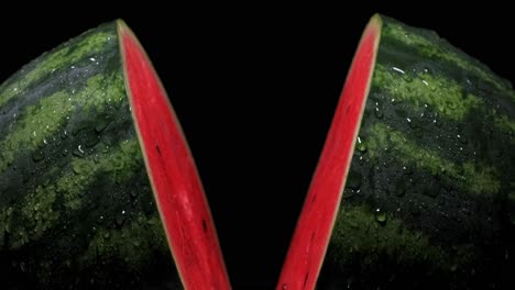 Wassermelone,-Die-Sich-Auf-Einem-Schwarzen-Bildschirm-In-Zwei-Hälften-Teilt