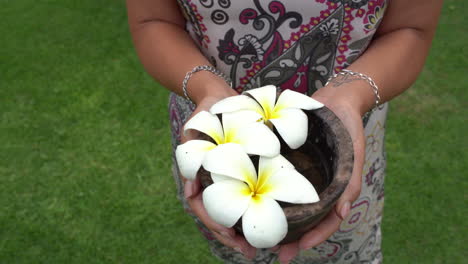 Panning-view-of-a-Woman-that-is-standing-on-the-grass-and-she's-showing-white-Hawaiian-Plumeria-by-her-hands