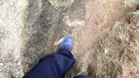 FPV-of-person's-shoes-hiking-on-a-narrow-dirt-terrain-in-Hell's-Gate-park,-day