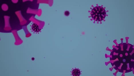 Multiple-Colorful-Coronavirus-Particles-Rotating,-Camera-Zooming-in,-passing-the-virus-elements-on-a-blue-background