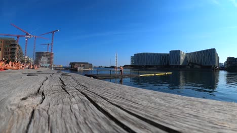 Timelapse-showing-Nordhavn-bassin-and-WHOs-Regional-Office-for-Europe-in-Copenhagen,-Denmark