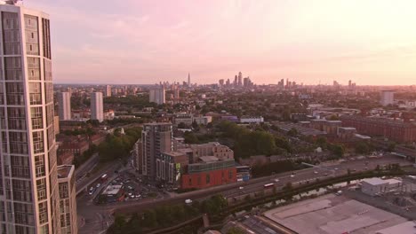 London-sunset-drone-flying-stratford-stadium-descending-white-building