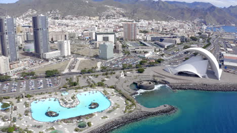 Far-sliding-shoot-of-Tenerife---Santa-cruise-city-showing-detailed-city-relief-from-birds-eye