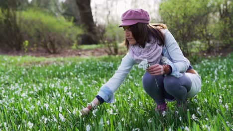 Woman-Picking-White-Lily-of-the-Valley-Flowers-in-a-Park-Gathering-them-in-Hand