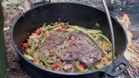 Carne-De-Res-Y-Verduras-A-Cámara-Lenta-Cocinadas-Al-Fuego,-De-Mano