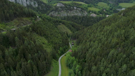 Aerial-Drone-Shot-of-a-Street-in-the-middle-of-a-Forest-next-to-Mountains-and-Rails,-4k-UHD,-Semmering,-Austria