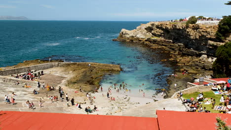 High-angle-view-over-historic-Old-Harbour-of-Hermanus,-Whale-Festival