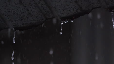 Raindrops-Falling-From-Roof,-Rain-on-a-Corrugated-Iron-Roof