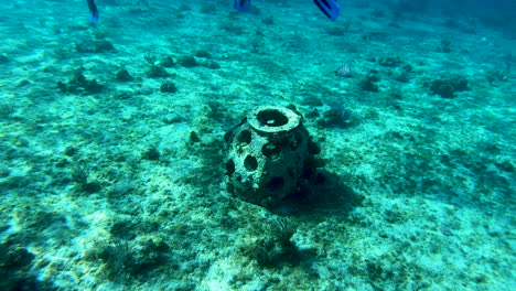 Stone-sculpture-underwater-a-big-oval-shaped-stone-turquoise-underwater-clear-view-of-coral-reef-in-Caribbean-Sea