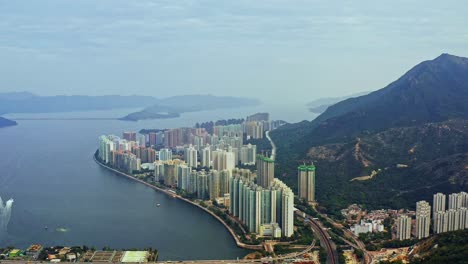 Wonderful-skyline-of-high-skyscrapers-and-downtown-district-in-Ma-On-Sha,-Hongkong