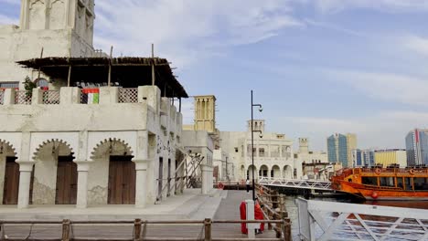 Traditional-Boats-At-Marina-By-Dubai-Creek-In-Al-Fahidi,-Dubai,-UAE