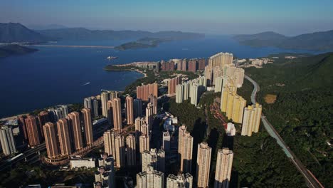 Wonderful-skyline-of-high-skyscrapers-and-downtown-district-in-Ma-On-Sha,-Hongkong
