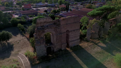 Ruins-in-archaeological-park-of-Tor-Fiscale-on-sunny-day,-Rome-in-Italy