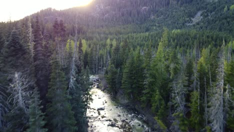 Low-drone-shot-flying-up-a-river-in-the-forest-leading-up-mountains-towards-the-sun