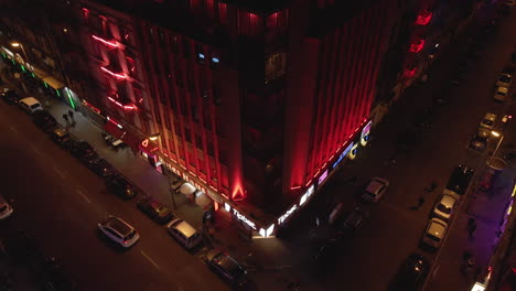 Drone-is-filming-in-Frankfurt,-on-Taunusstrasse,-the-focus-is-on-a-hotel-in-the-red-light-district-of-Frankfurt,-the-drone-turns-from-right-to-left
