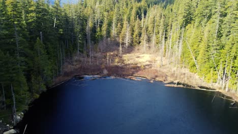 Drone-dolly-shot-above-lake-towards-end-of-lake-stopping-at-forest