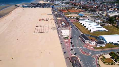 Aerial-View-Of-Deauville-Beach,-Beachfront-Hotels,-And-Eatery-In-Normandy,-France