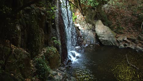 Filmansicht-Des-Wasserfalls-In-üppigem-Waldgebiet,-Panoramaansicht-Nach-Rechts-Schwenken
