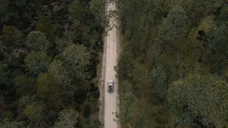 Birds-eye-view-of-adventure-jeep-driving-forest-road-to-the-top-of-the-mountain,-tracking-aerial-shot