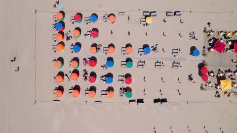 Aerial-top-view-on-the-sandy-Deauville-beach,-umbrella-rows-in-sand