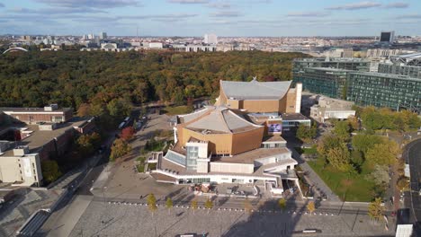 Smooth-aerial-view-flight-panorama-overview-drone
of-Berlin-Philharmonic-Hall-at-golden-houre-summer-2022