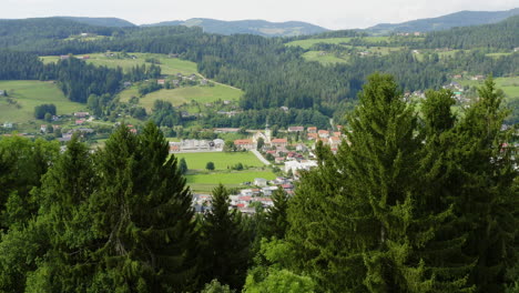 Aerial-dolly-forward-in-between-pine-trees-revealing-town-Prevalje-in-northern-slovenia,-province-of-Carinthia
