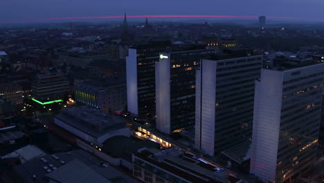 A-aerial-panoramic-shot-over-Hötorget-in-central-Stockholm-Sweden-at-dusk