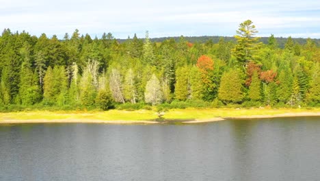 Early-fall-aerial-footage-of-a-remote-lake-in-northern-Maine-flying-towards-shore-DOLLY-ZOOM