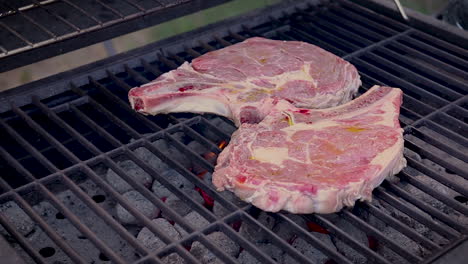 Zoom-in-view-of-aged,-well-marbled-raw-steaks-on-a-charcoal-barbecue