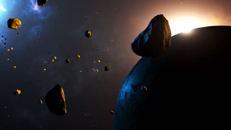 Animation-of-flying-through-asteroid-filed-in-space-surround-a-planet