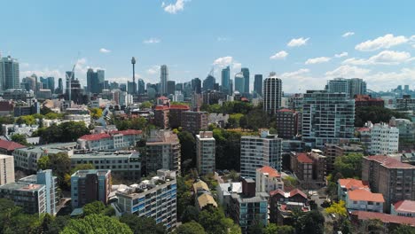 Rising-aerial-shot-of-the-city-of-Sydney,-Australia-on-sunny-day