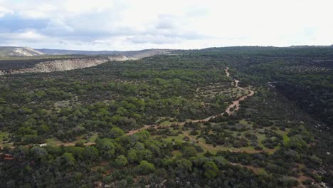 Wide-aerial-drone-shot-of-inland-on-the-Akamas-Peninsula-of-Cyprus-in-Paphos-hiking-trails-visible-through-the-trees