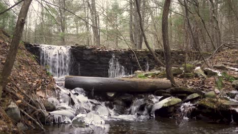 Static-shot-of-a-Small-waterfall-in-winter-that-is-half-frozen-in-the-middle-of-a-Forrest