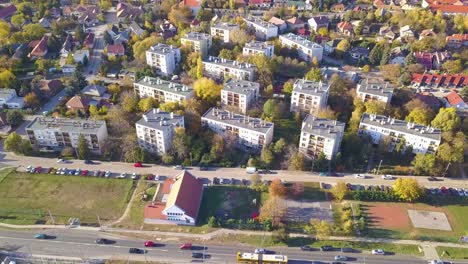 Aerial-arrival-drone-shot-of-blocks-of-flats-in-a-sub-urban-area-near-Budapest,-Hungary