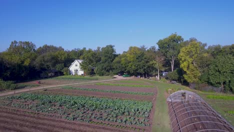 AERIAL:-Slow-pullback-over-a-farm-in-Austin,-Texas-ending-with-a-greenhouse-reveal