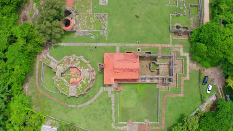Aerial-drone-descending-over-ruins-of-Nigua-Sugar-Mill-or-Ingenio-Boca-de-Nigua-in-Dominican-Republic