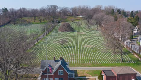 Aerial-forward-over-Cypress-Hills-National-Cemetery-at-Brooklyn,-New-York