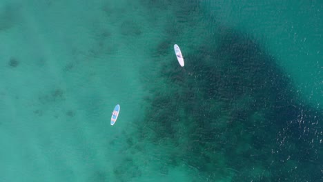 Overhead-shot-of-two-people-on-stand-up-paddle-boards-in-the-Carbibbean