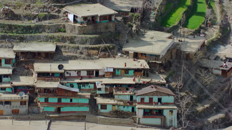 Aerial-view-The-simple-lifestyle-of-Kashmir-calls-for-simple-houses,-with-wood-borders,-thatched-roofs-and-small-cottages