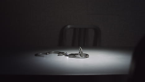 Medium-tracking-shot-of-a-pair-of-handcuffs-on-a-table-in-an-interrogation-room