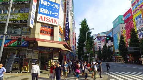 Pov-Caminando,-Timelapse,-Multitudes-Pasan-Debajo-De-Coloridos-Carteles-En-Akihabara