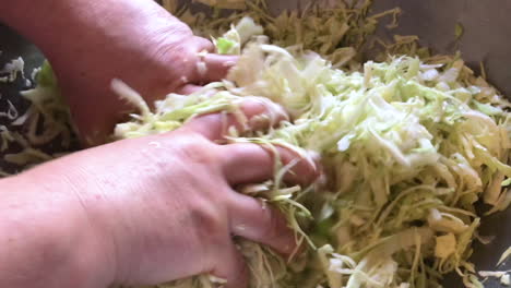 Woman's-hands-squeezing-shredded-white-cabbage-in-a-stainless-steel-bowl-to-make-sauerkraut