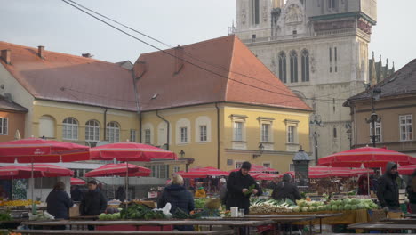 Toma-De-Gran-Angular-De-Un-Mercado-Tradicional-De-Frutas-Y-Verduras-En-Zagreb,-Croacia