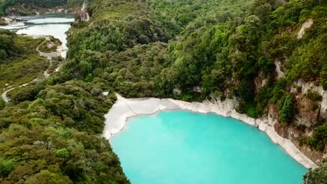 Drone-view-of-Waimangu-geothermal-park,-Rotorua,-New-Zealand