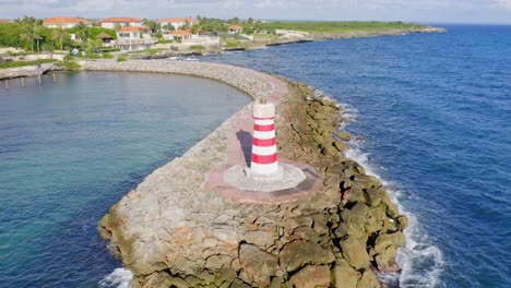 Lighthouse-In-The-Catalina-Island-Near-Captain-Kidd-Yacht-Club-And-Marina-In-Dominican-Republic,-aerial
