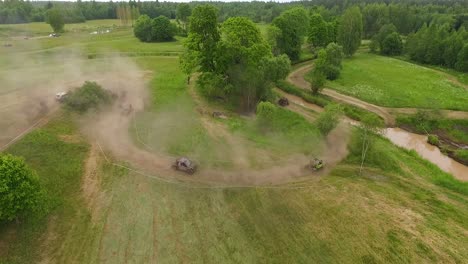 Offroad-mud-rally-with-buggy-in-forests-and-river-aerial-view