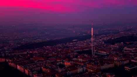 Prague-drone-flight-twilight-pink-sky-hyperlapse-time-lapse-tv-tower