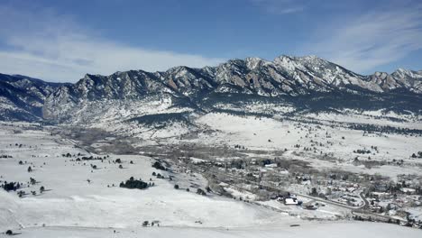 Aerial-view-flies-away-from-mountains-in-Boulder-Colorado-on-a-snowy-winter-day